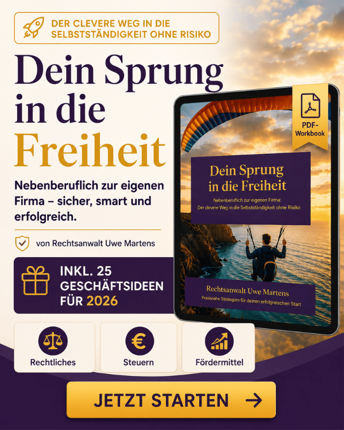 Einblick in den Workbook Dein Sprung in die Freiheit – Seiten mit Aufgaben und Checklisten zur nebenberuflichen Selbstständigkeit
