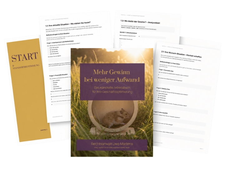 Arbeitsbuch „Mehr Gewinn bei weniger Aufwand" – Mockup Cover zur Geschäftsoptimierung von Rechtsanwalt Uwe Martens